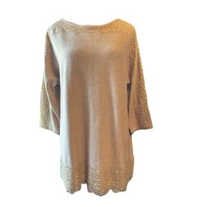 Chico's 2 $99 Sz M NEW Lace‎ Neck Amina Pullover Sweater Tunic Camel 3/4 Sleeve